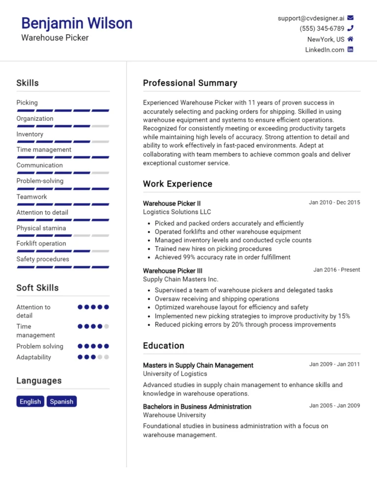 Warehouse Picker CV Example For 2025: Professional CV Templates