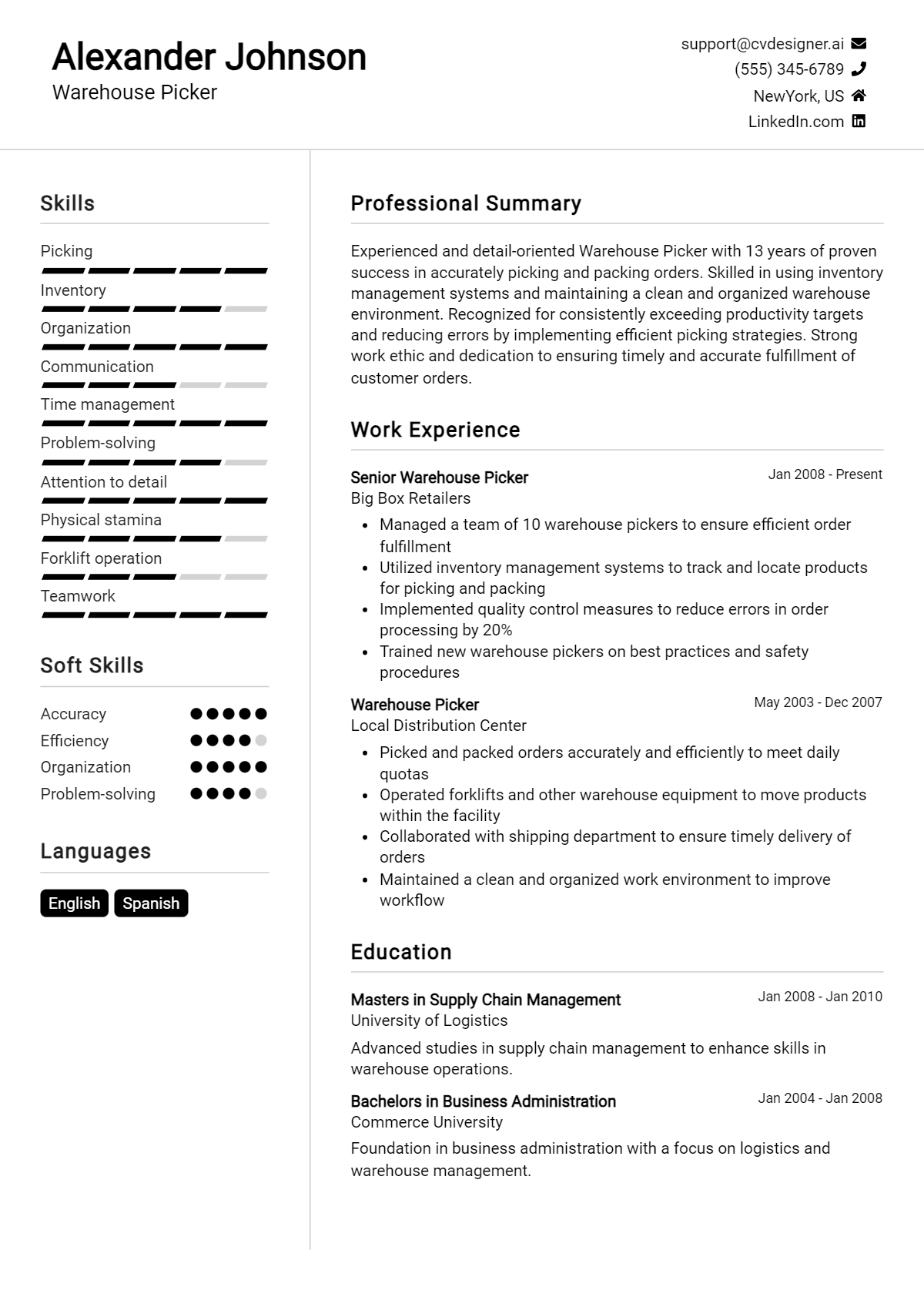 Warehouse Picker Resume Example