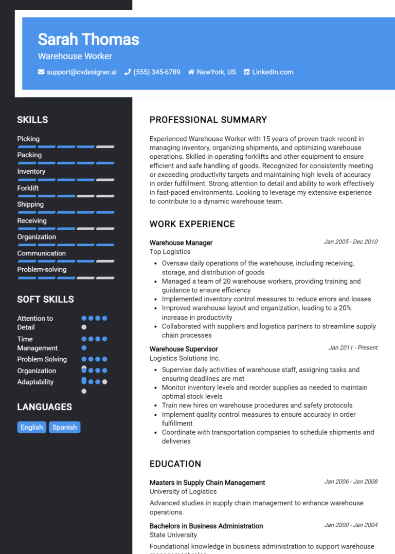 Warehouse Worker Resume Example for 2025: Strategies & Templates