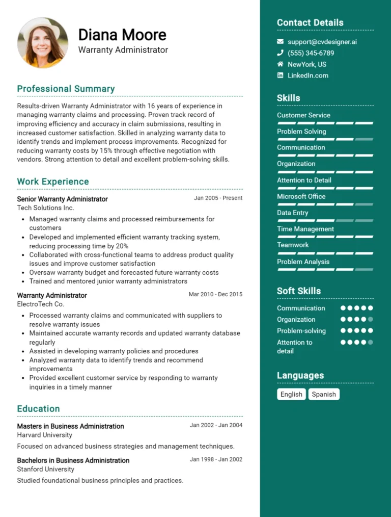 Warranty Administrator CV Example For 2025: Free Downloadable Templates