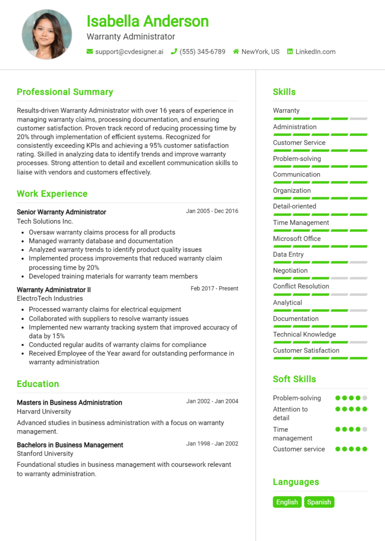 Warranty Administrator Resume Example for 2025: How to Craft a Winning CV