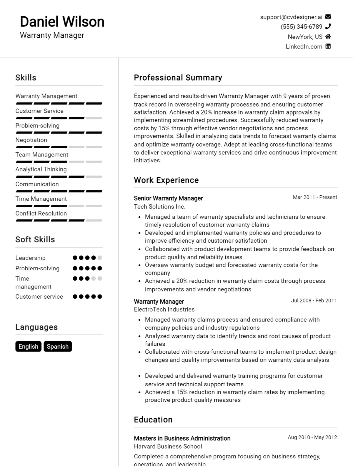 Warranty Manager CV Example