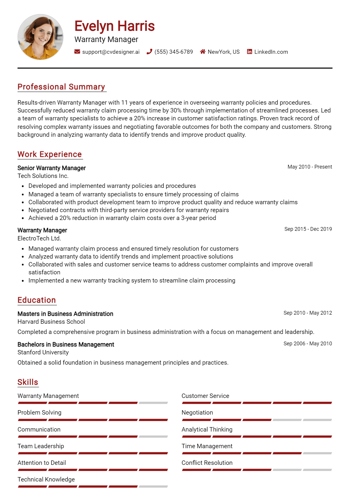 Warranty Manager Resume Example