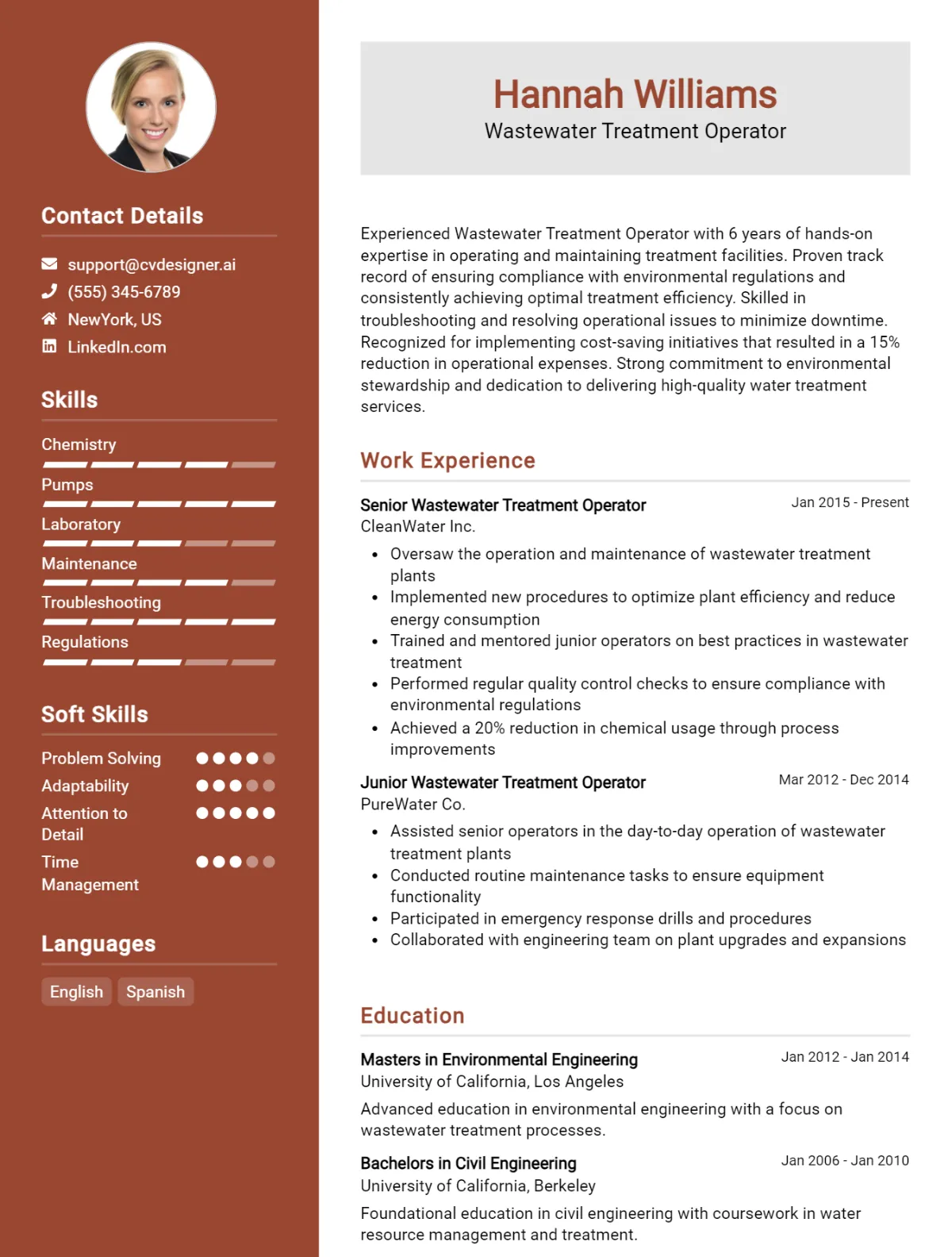 Wastewater Treatment Operator CV Example
