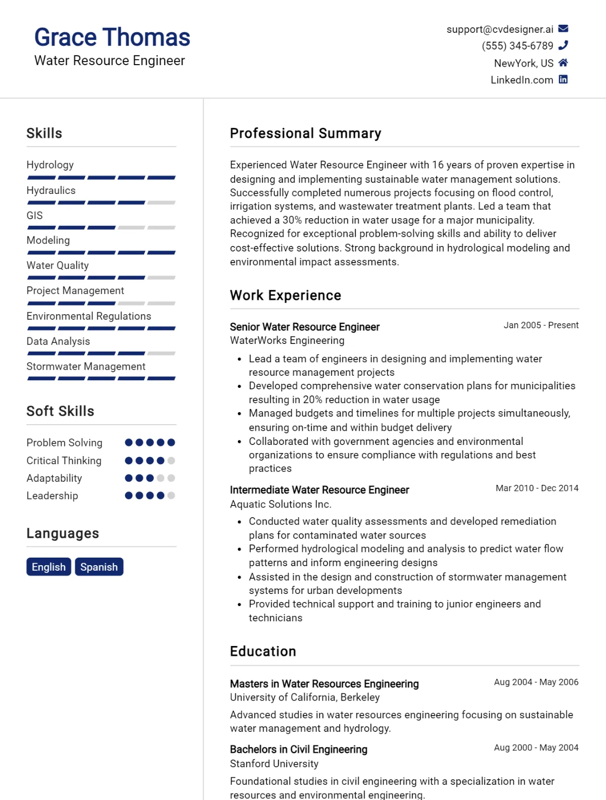 Water Resource Engineer CV Example