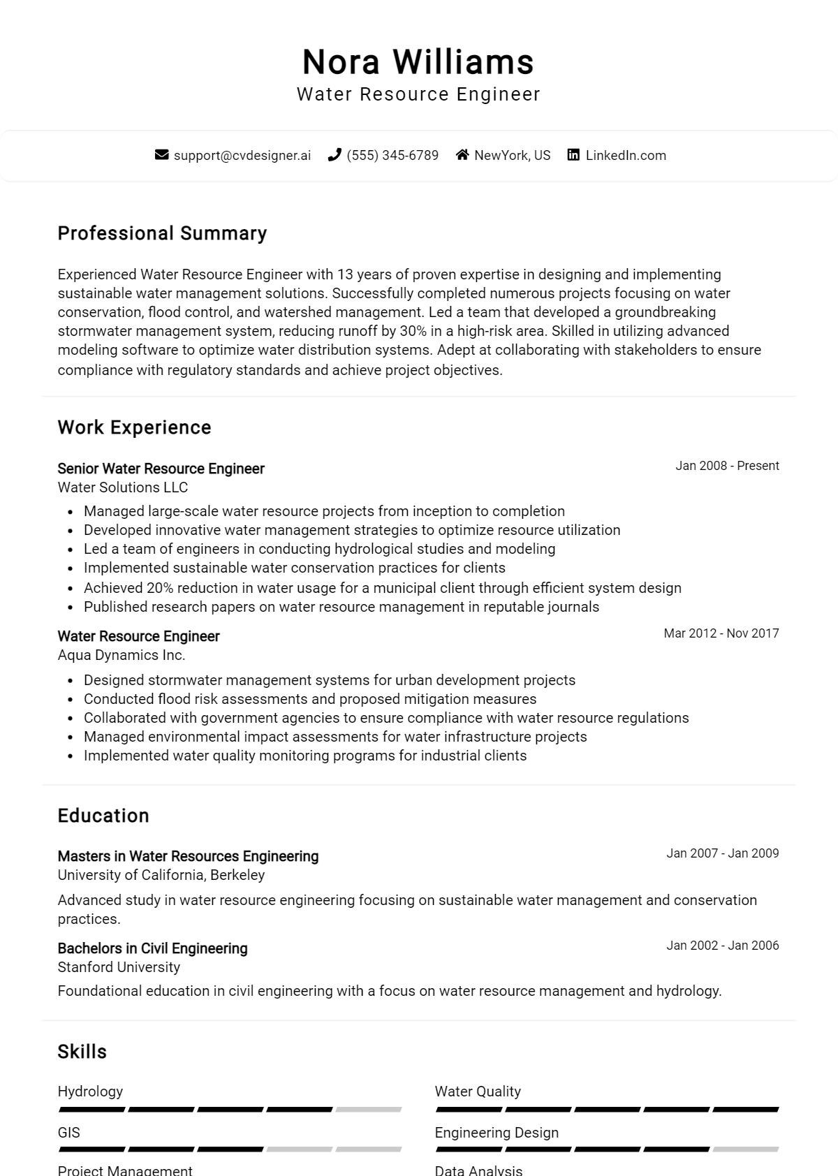Water Resource Engineer Resume Example