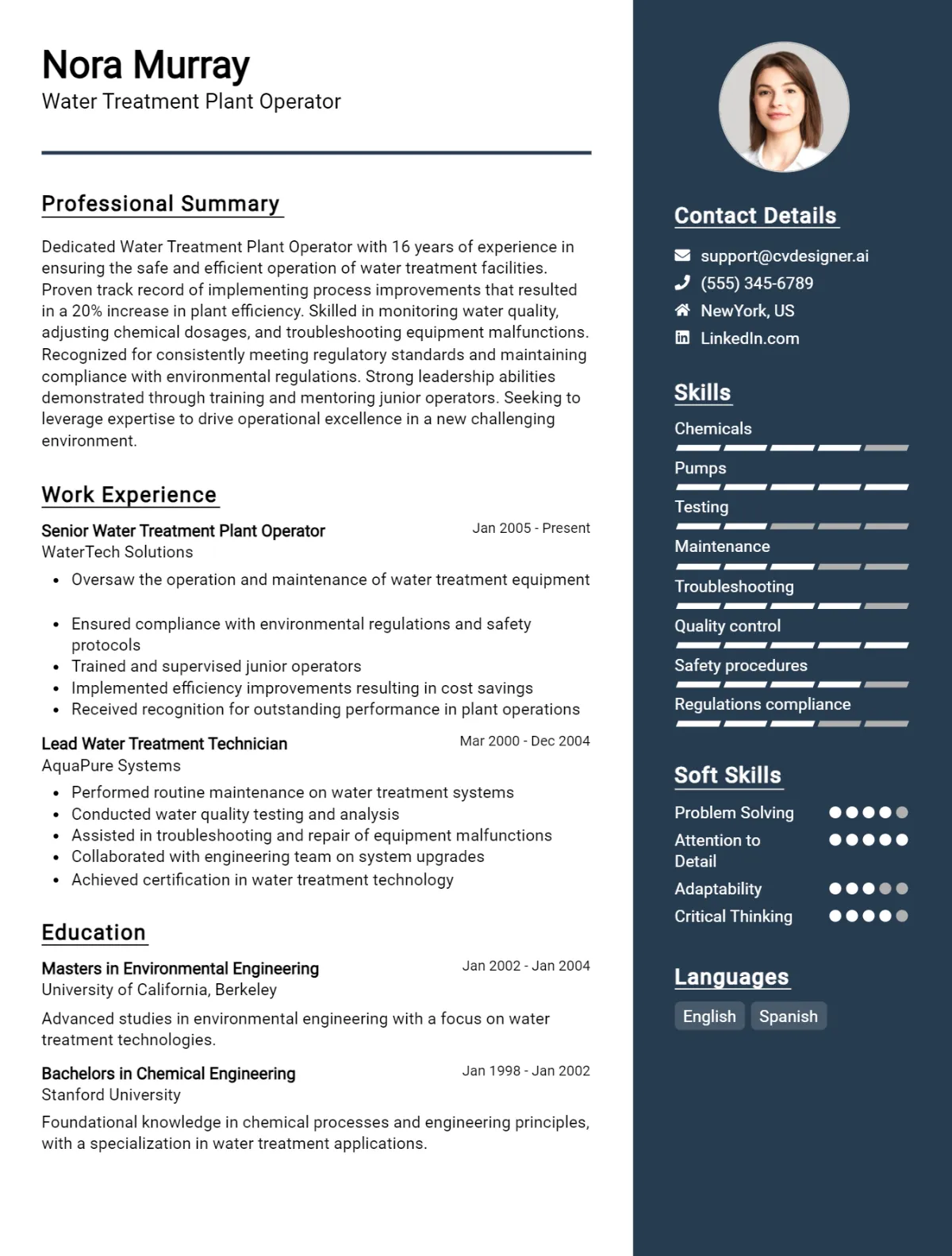 Water Treatment Plant Operator CV Example
