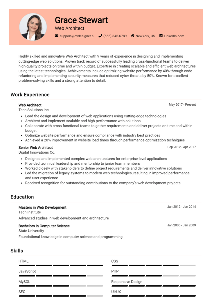 Web Architect Resume Example