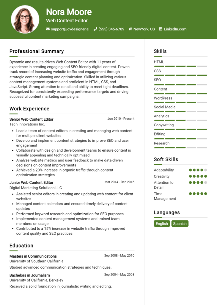 Web Content Editor Resume Example