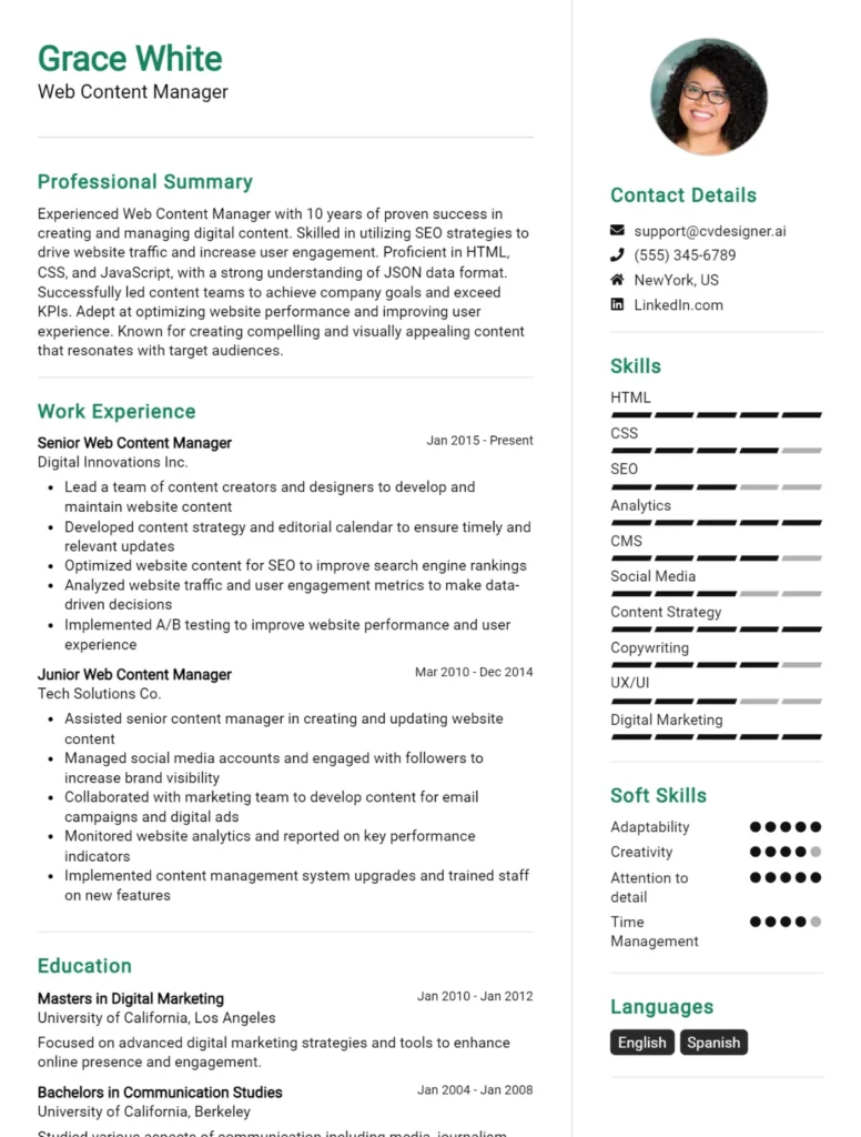 Web Content Manager CV Example