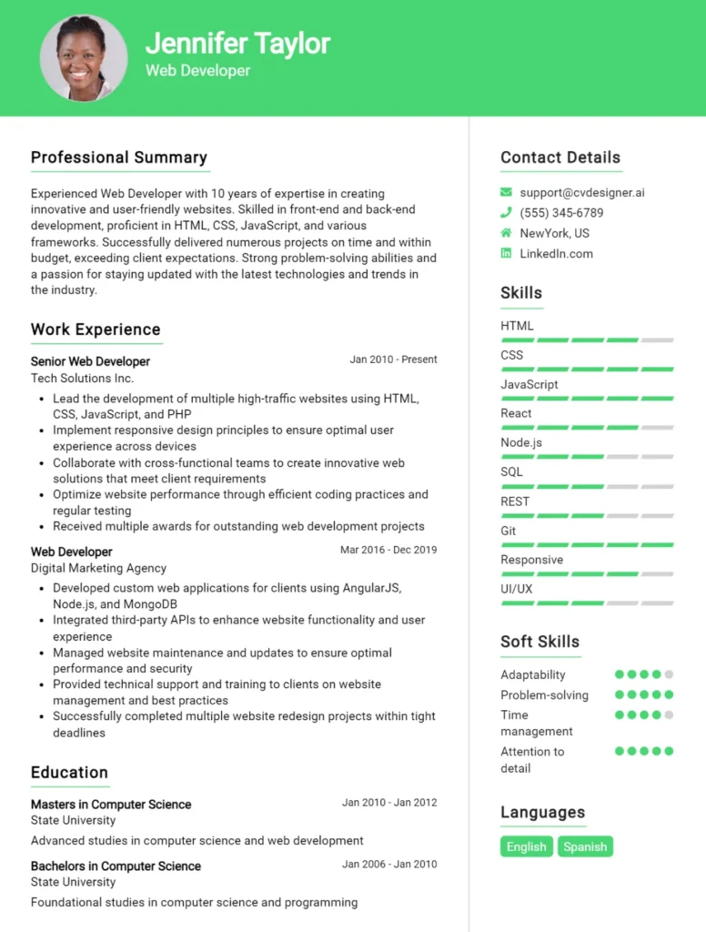 Web Developer CV Example