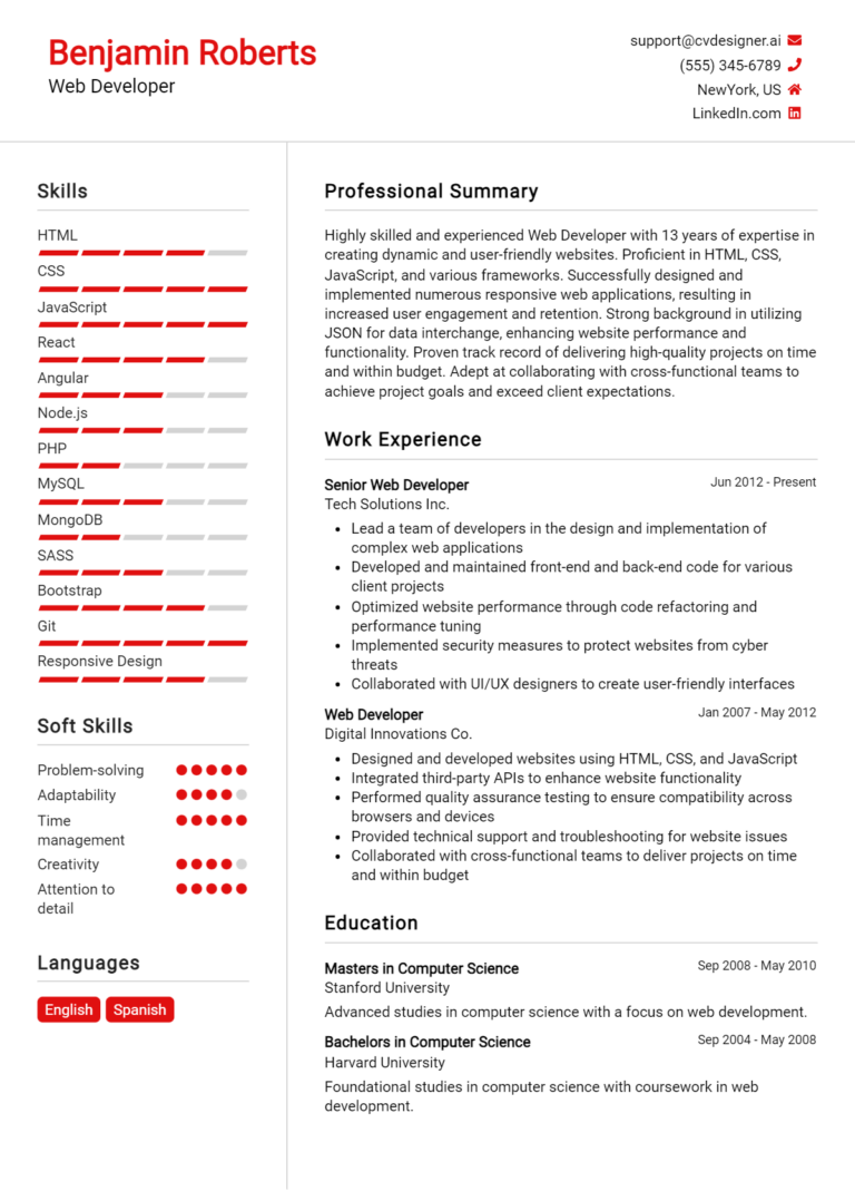 Web Developer Resume Example for 2025: Top CV Skills
