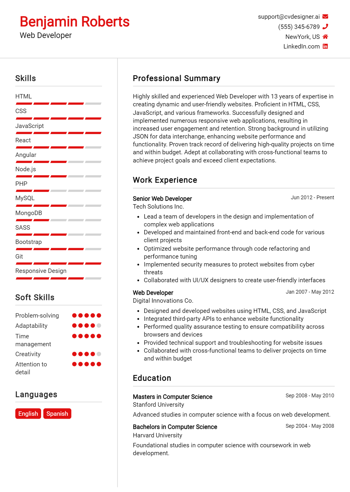 Web Developer Resume Example for 2024: Top CV Skills - CVDesigner.ai
