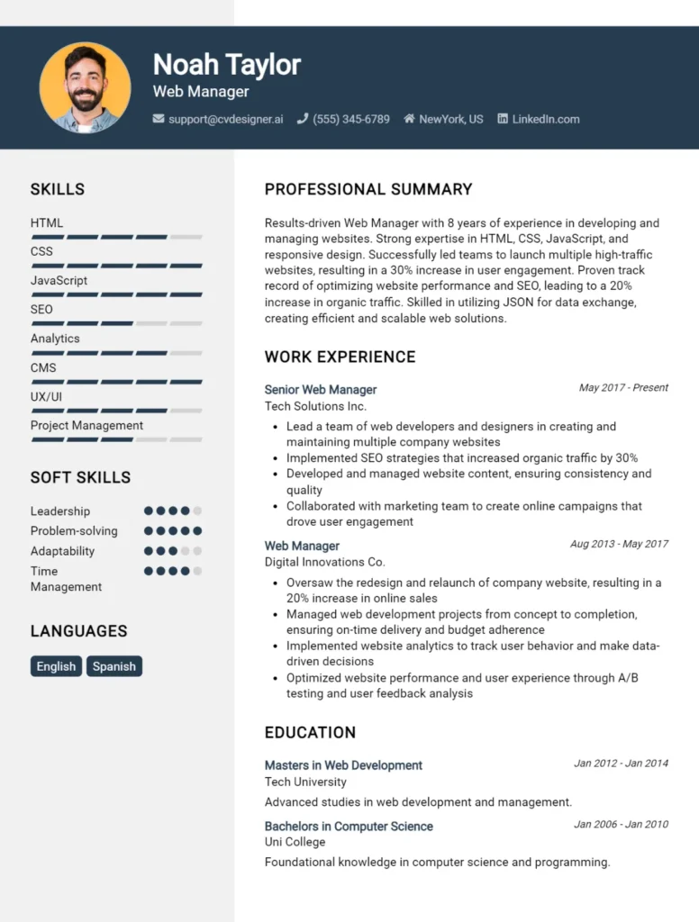 Web Manager CV Example