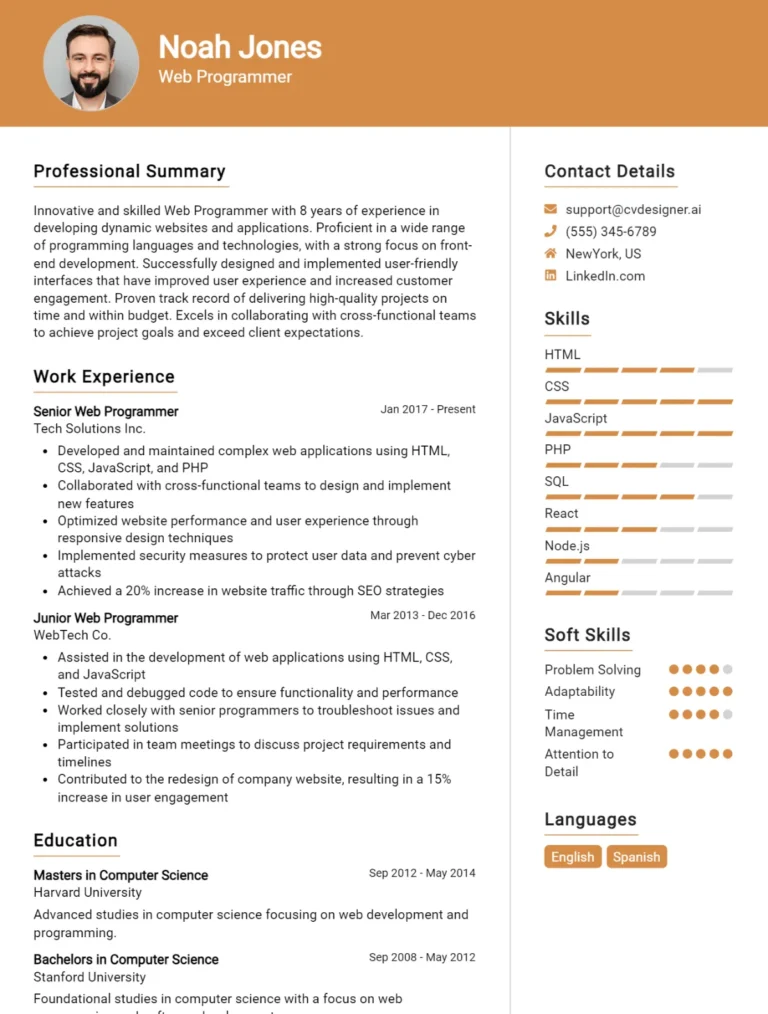 18 Web Programmer CV Examples For 2025: Free Downloadable Templates
