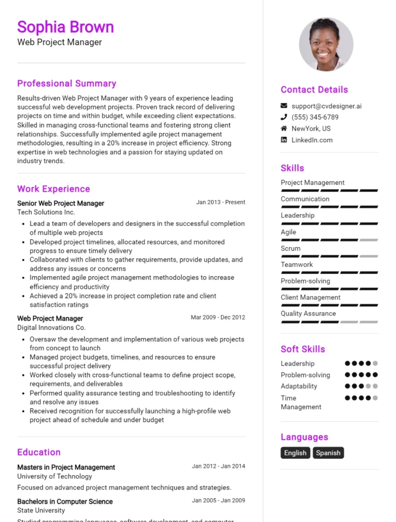 Web Project Manager CV Example