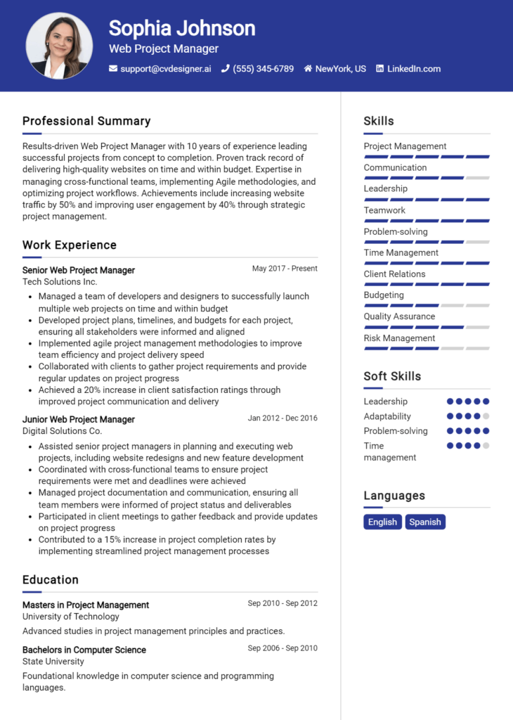 Web Project Manager Resume Example