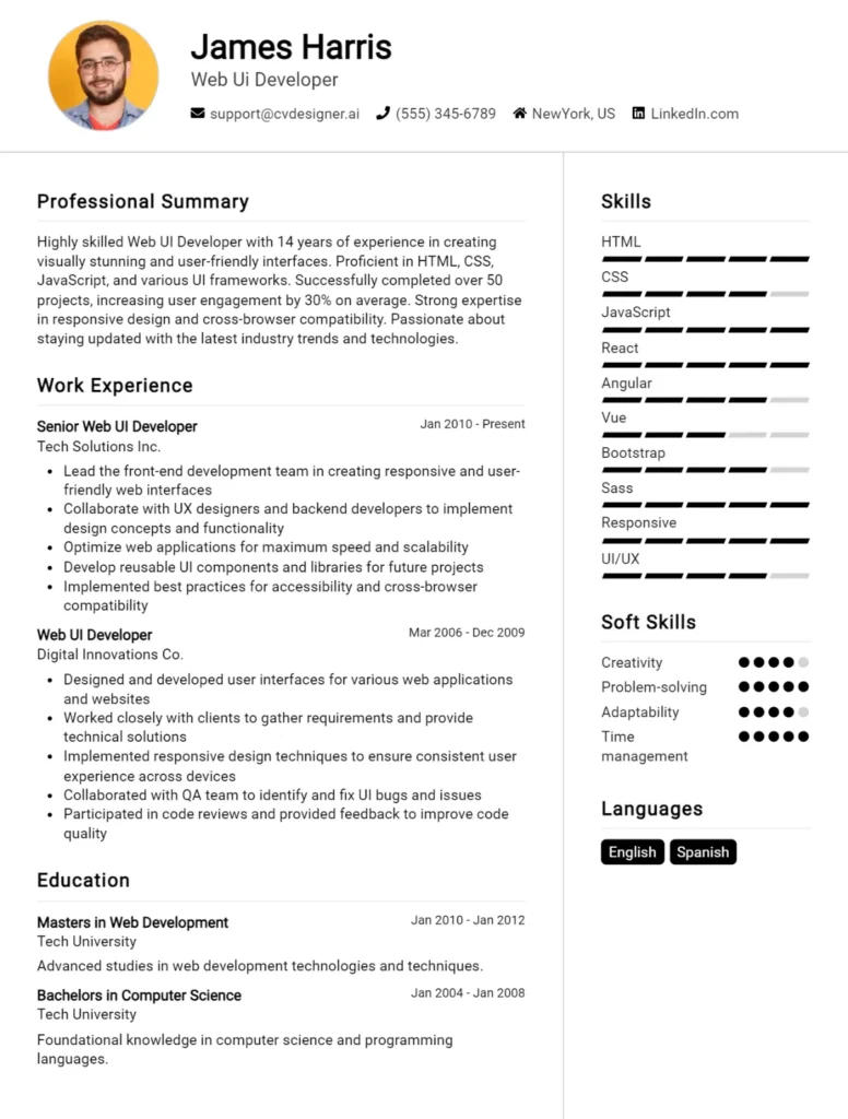 Web Ui Developer CV Example