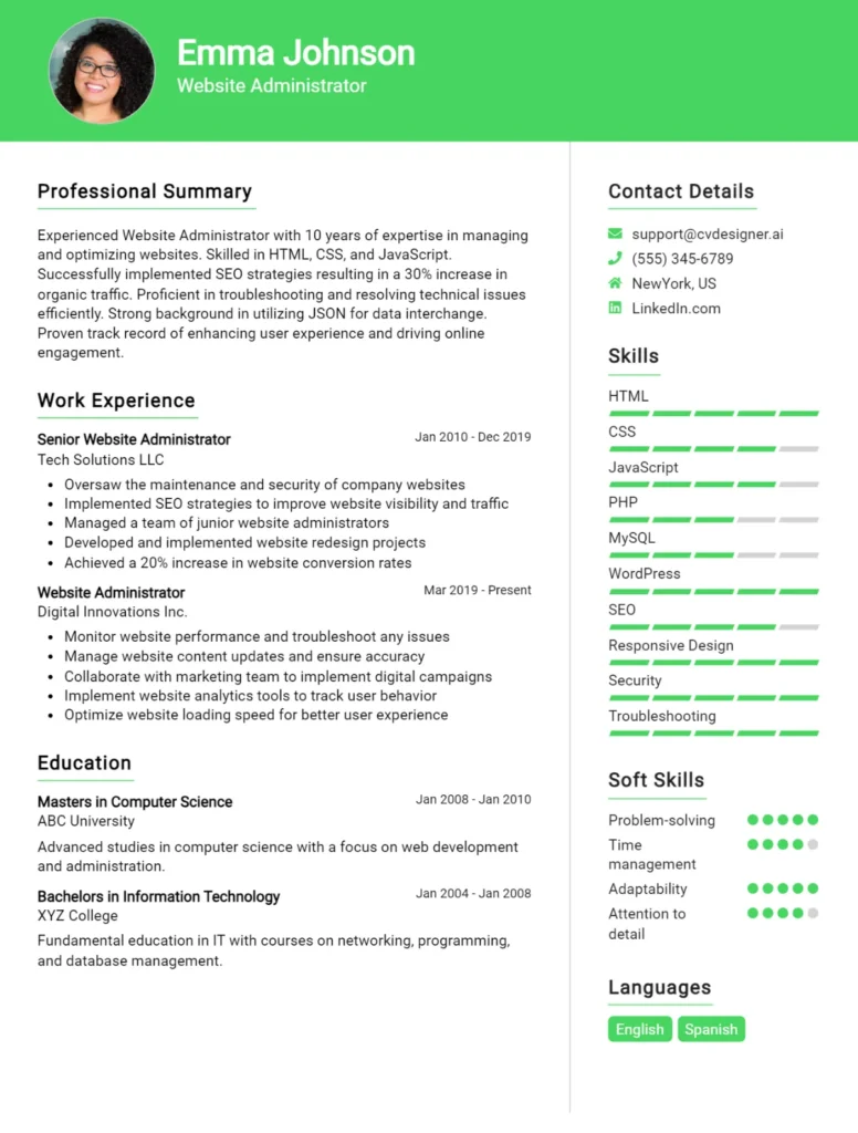 Website Administrator CV Example