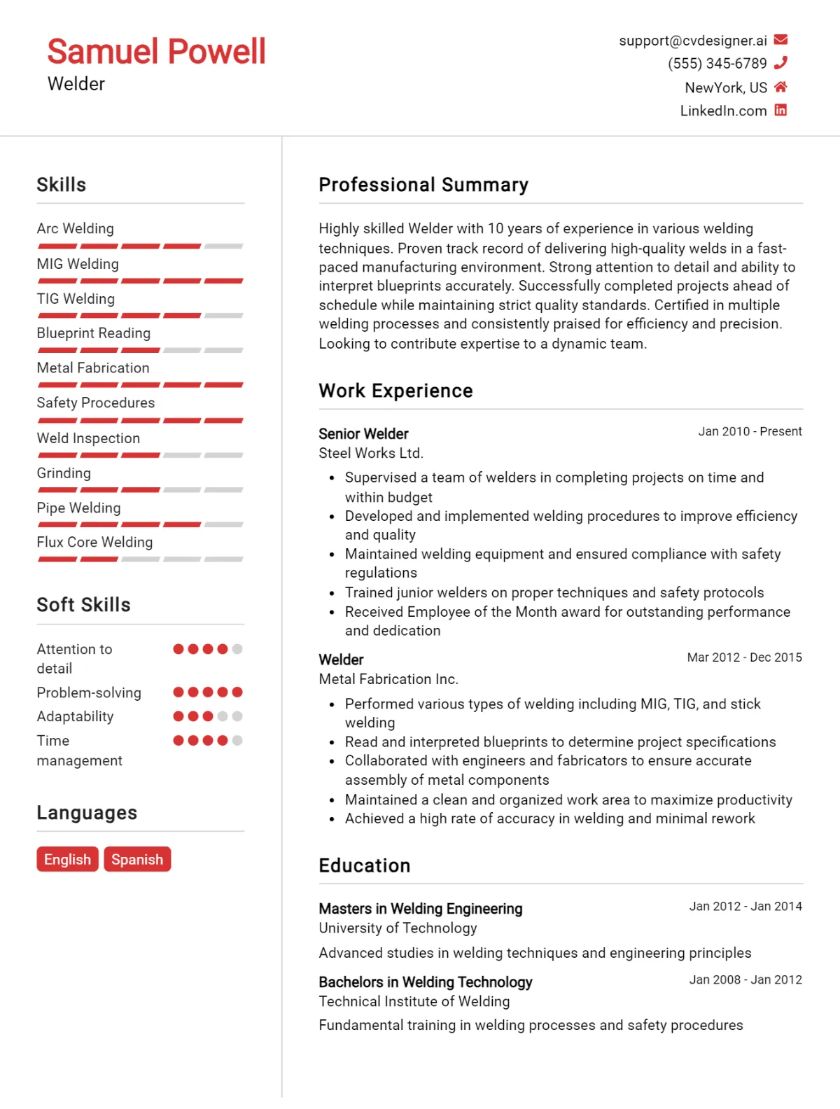 Welder CV Example For 2024: Free Professional Templates - CVDesigner.ai