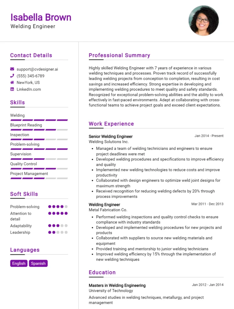 Welding Engineer CV Example For 2025: Best Writing Guide
