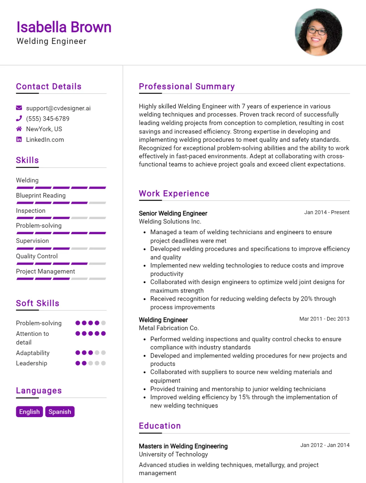 Welding Engineer CV Example