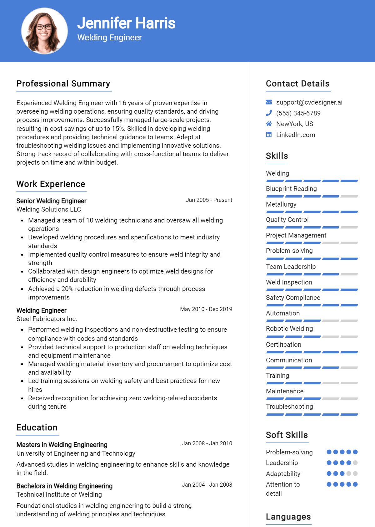 Welding Engineer Resume Example