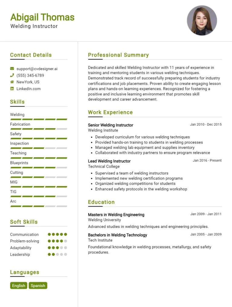 Welding Instructor CV Example For 2025: Expert Tips & Templates