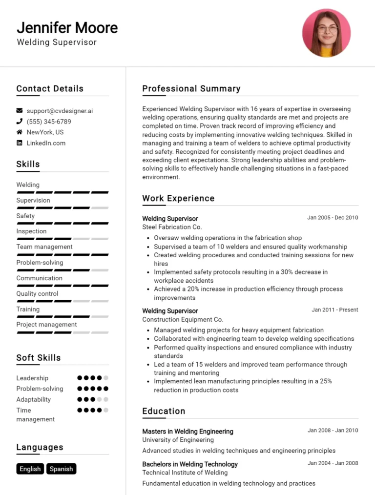 Welding Supervisor CV Example For 2025: Professional CV Templates