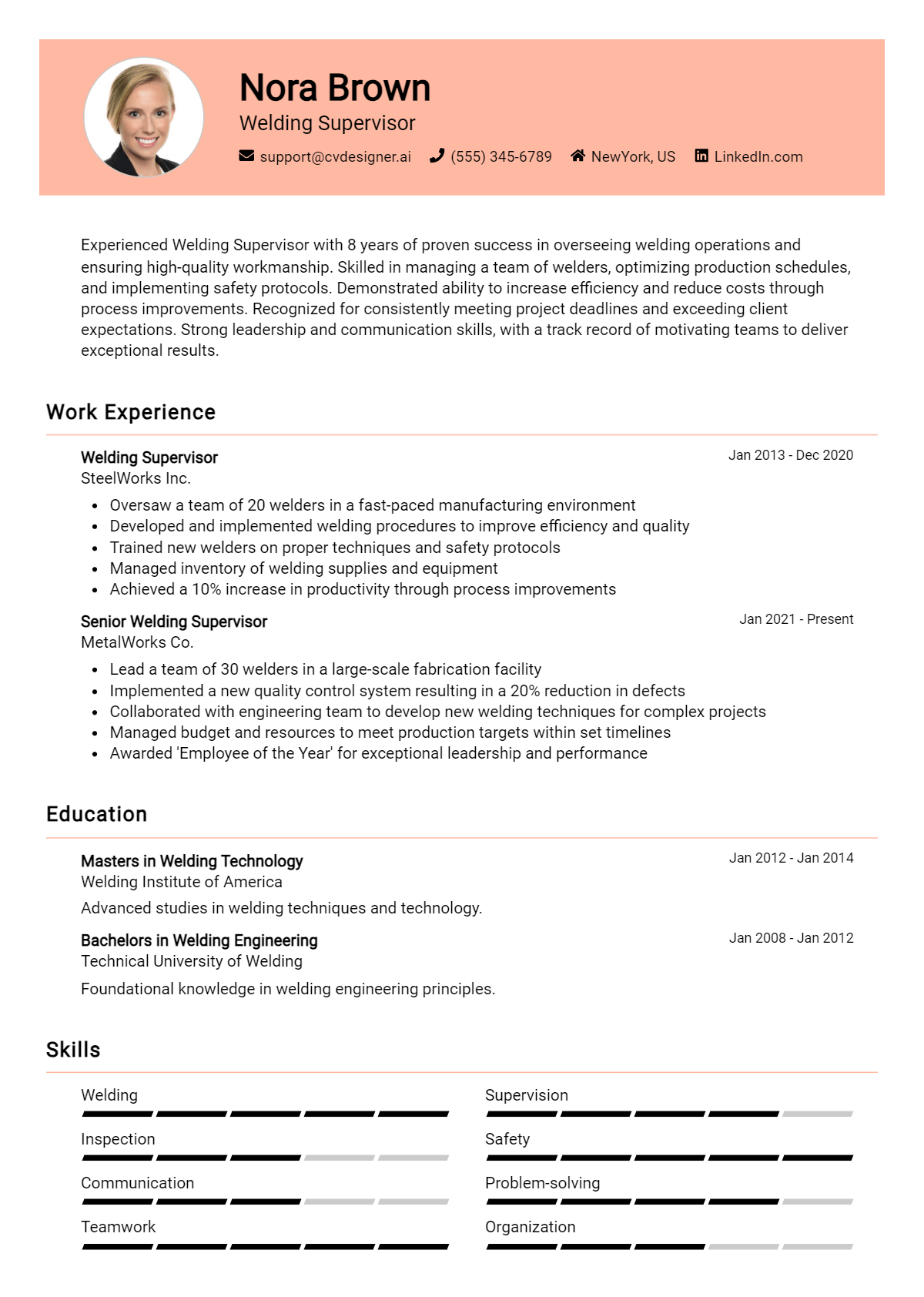 Welding Supervisor Resume Example