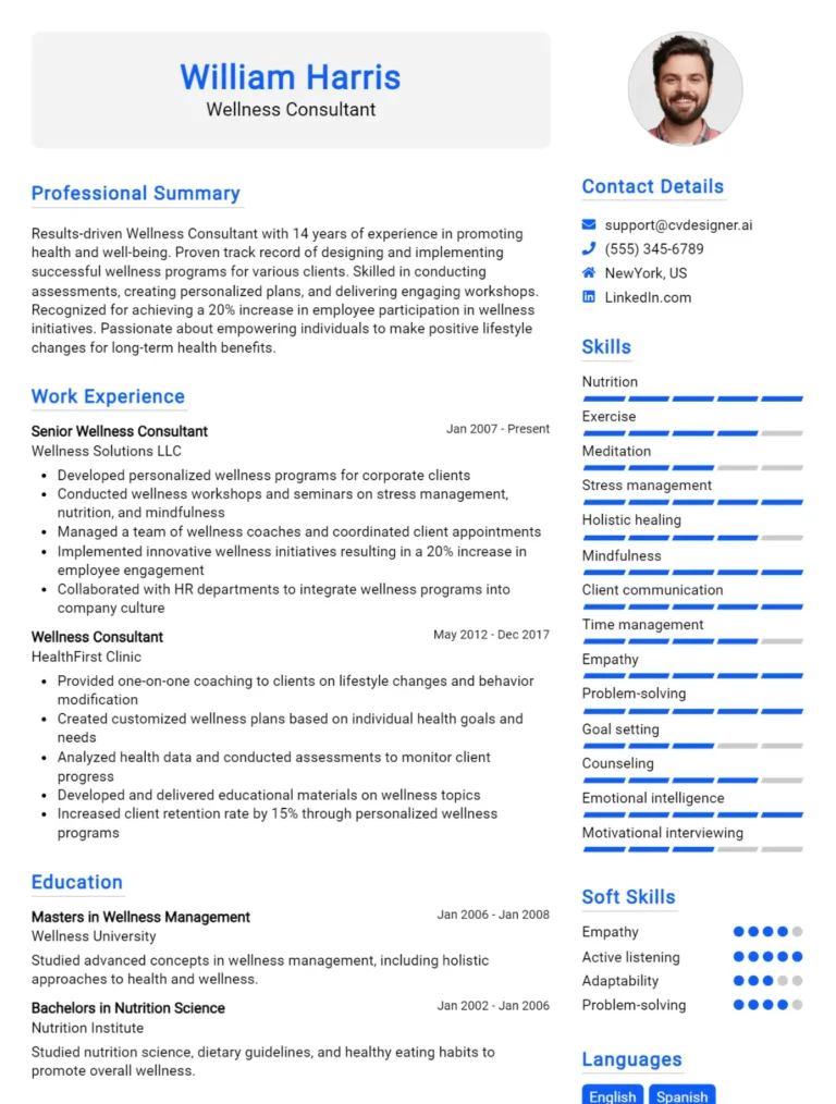 Wellness Consultant CV Example For 2025: Ultimate Guide