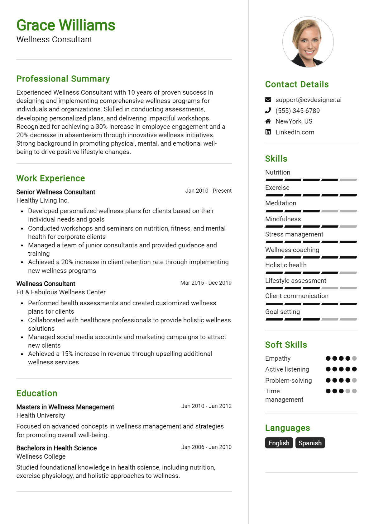 Wellness Consultant Resume Example