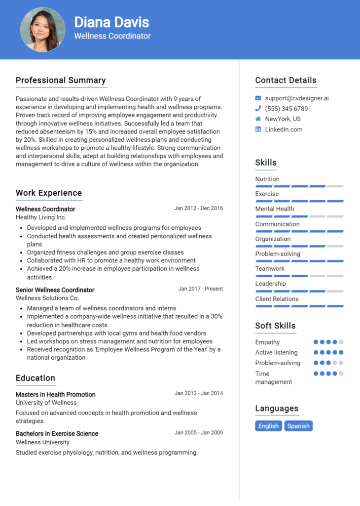 Wellness Coordinator Resume Example
