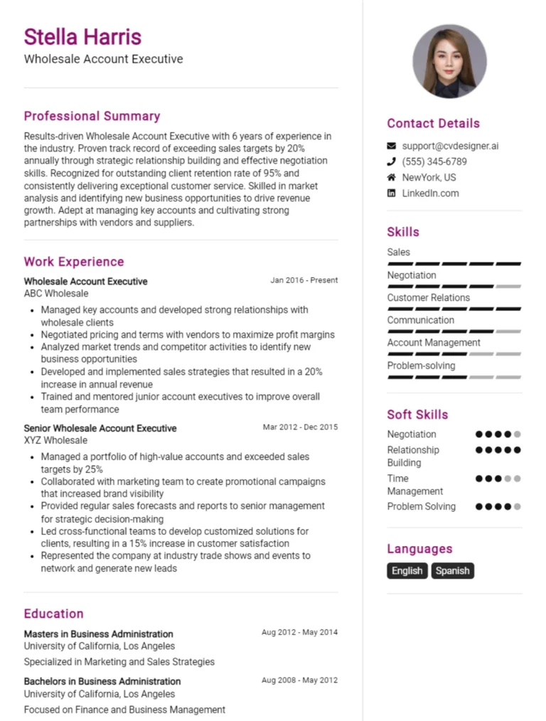 Wholesale Account Executive CV Example For 2025: Free Templates
