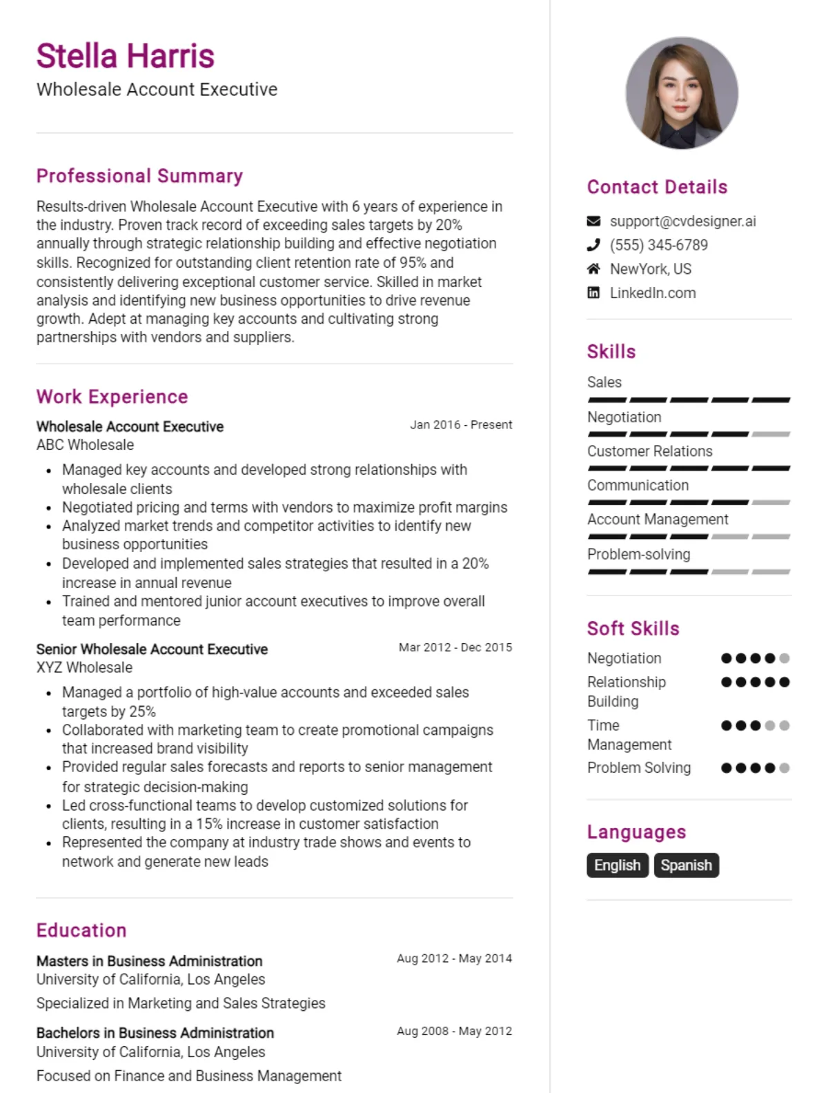 Wholesale Account Executive CV Example