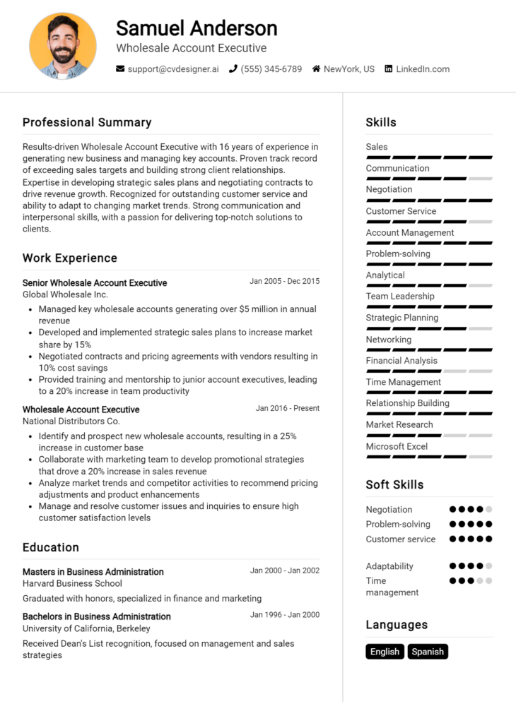 Wholesale Account Executive Resume Example
