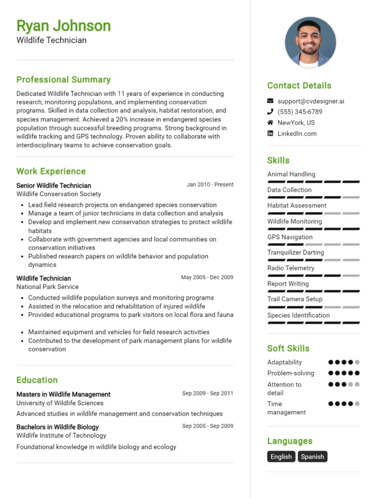 Wildlife Technician CV Example For 2025: Effective CV Writing Tips