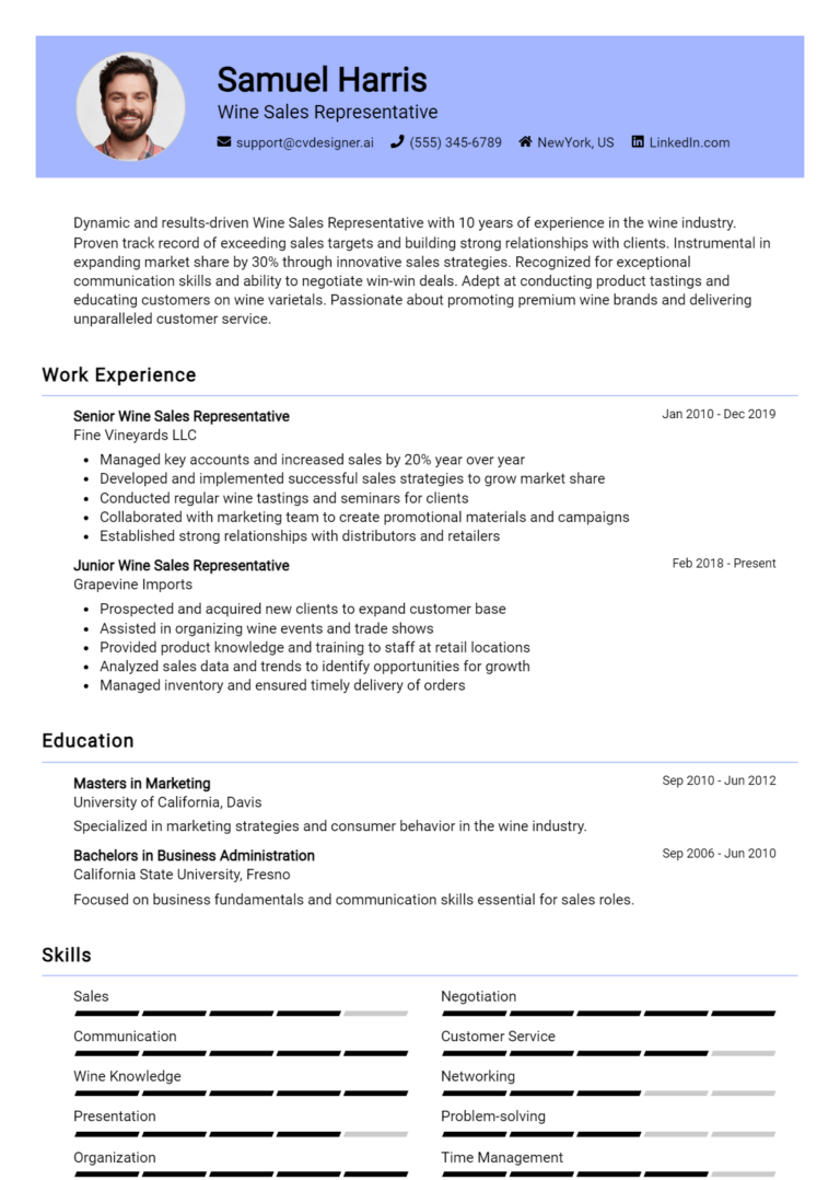 Wine Sales Representative Resume Example for 2025: Top CV Skills