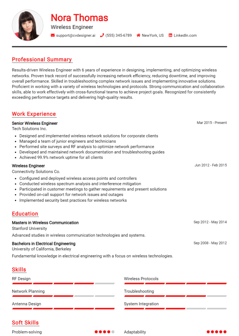 Wireless Engineer Resume Example for 2025: Top Templates