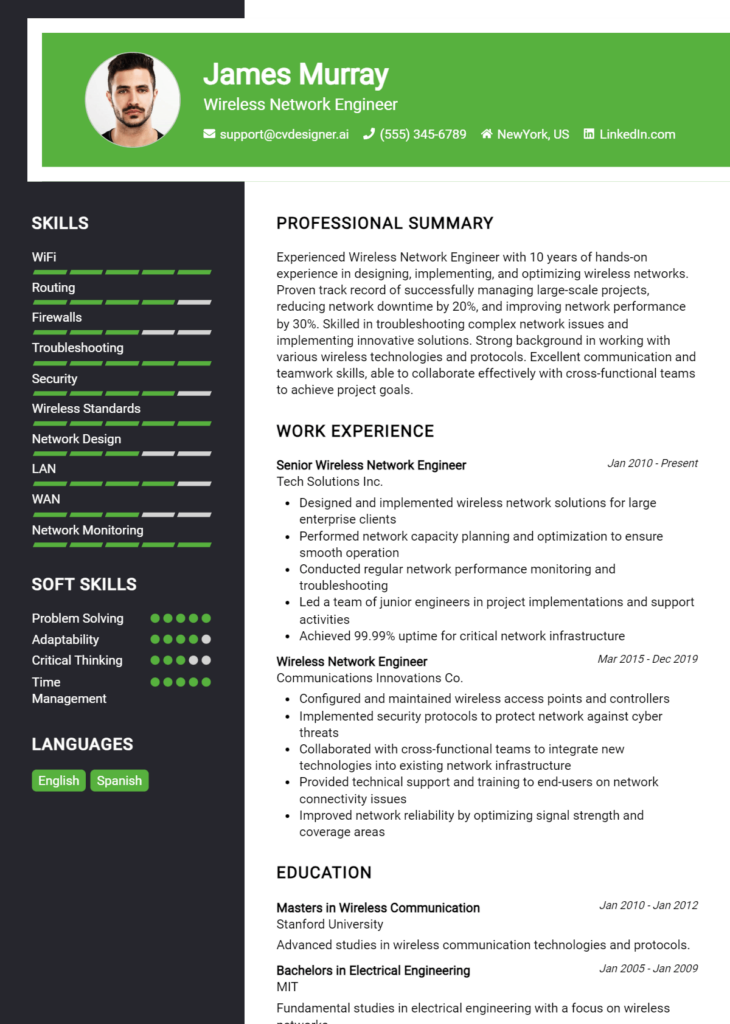 18 Network Engineer Resume Examples And Templates for 2024 - CVDesigner.ai