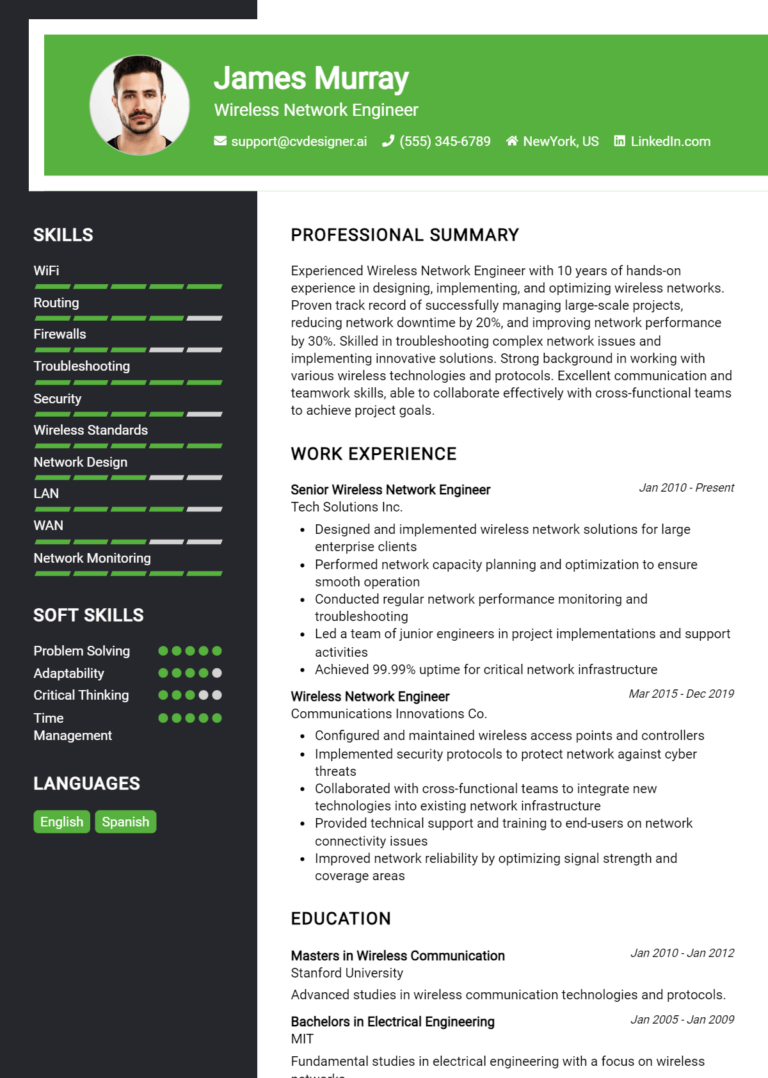 Wireless Network Engineer Resume Example for 2025: Samples & Best Practices