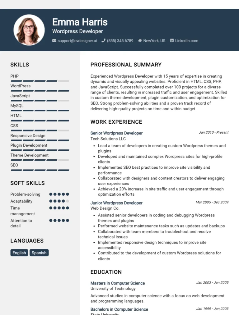 WordPress Developer CV Example For 2025: Free Professional Templates
