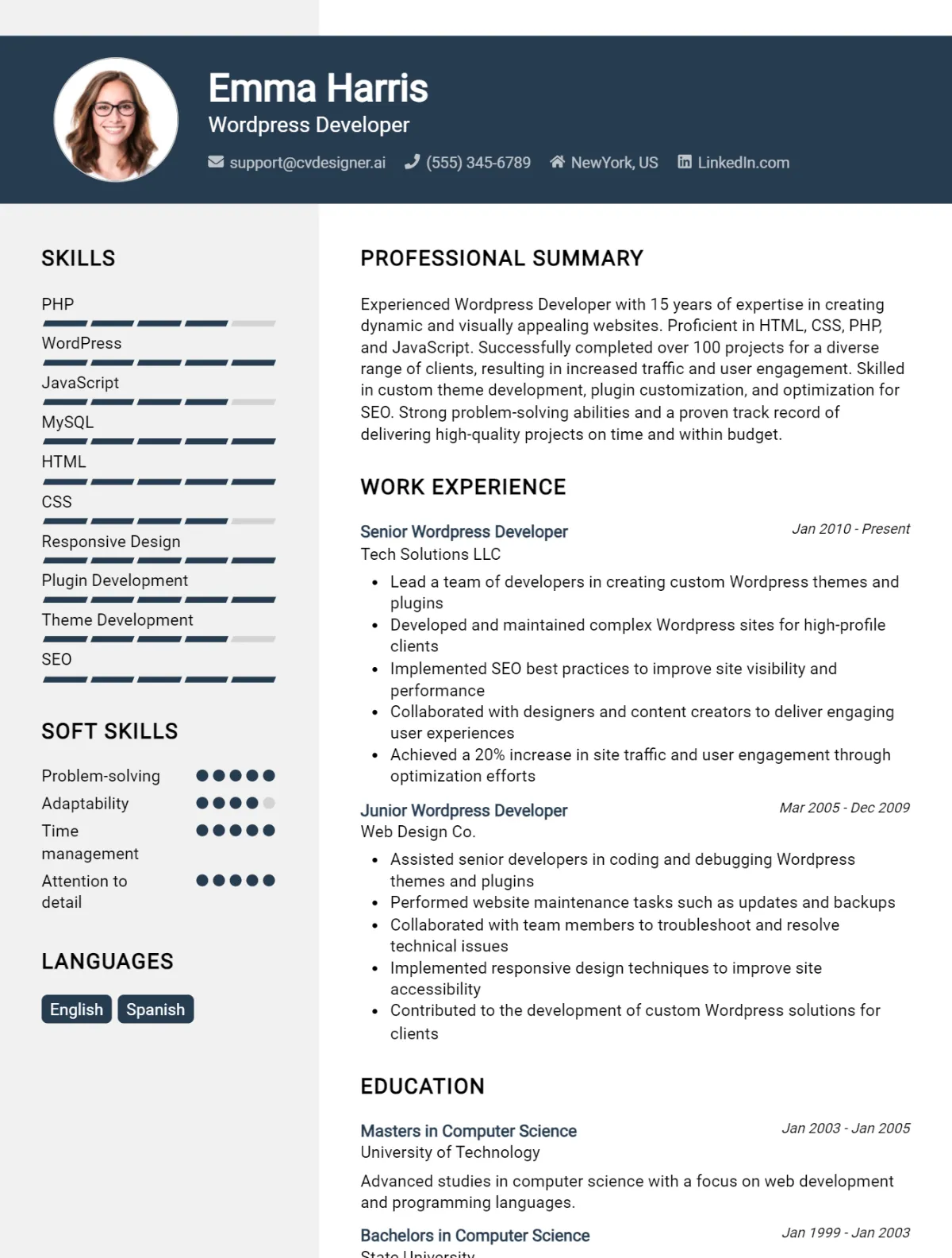 Wordpress Developer CV Example