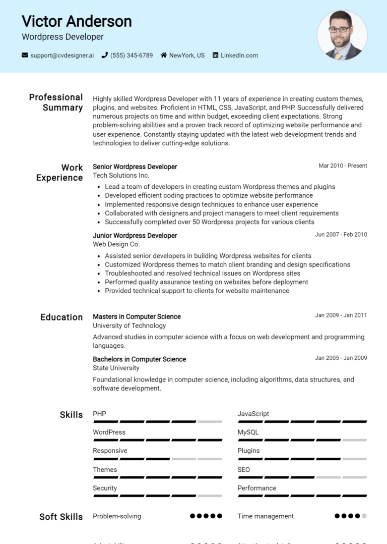 WordPress Developer Resume Example for 2025: Tips & Templates