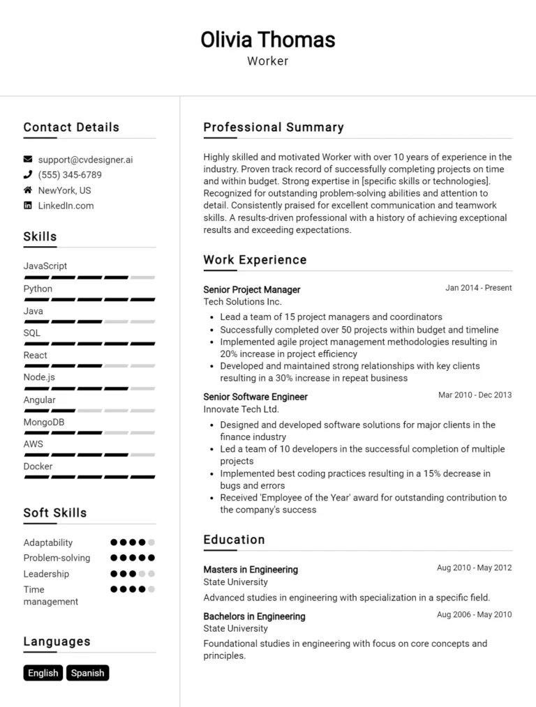 Worker CV Example For 2025: Free Professional Templates