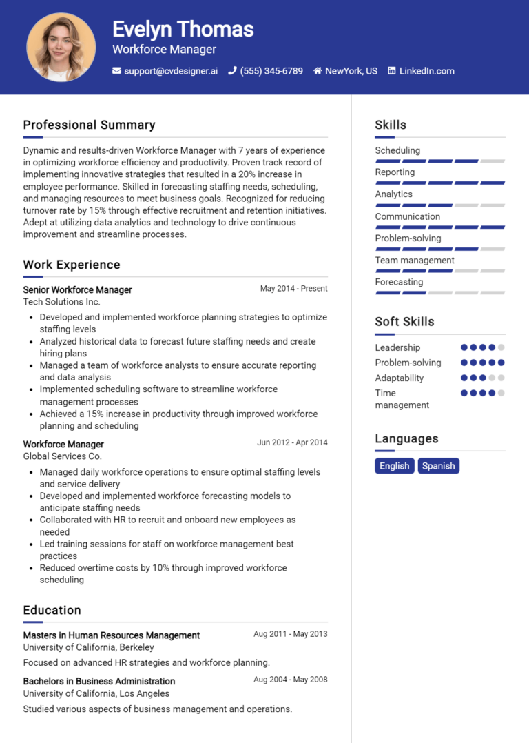 Workforce Manager Resume Example for 2025: Free Examples