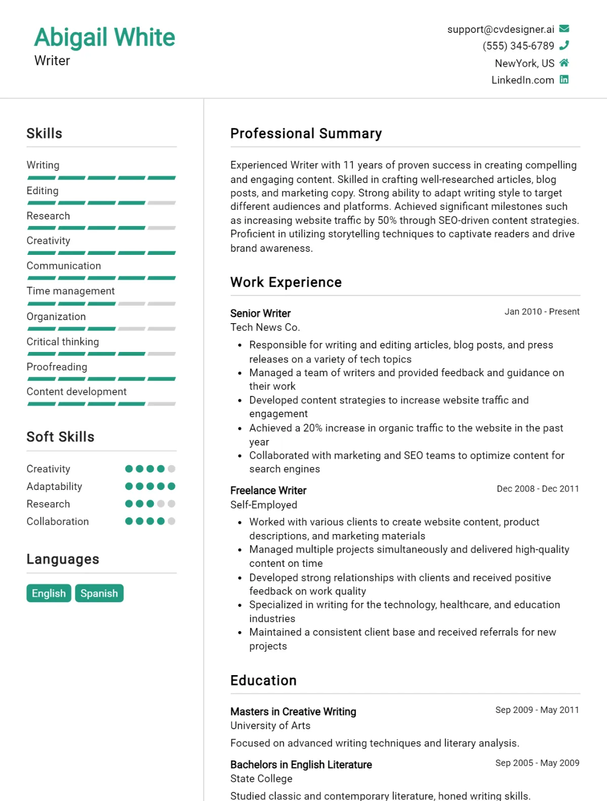 Writer CV Example