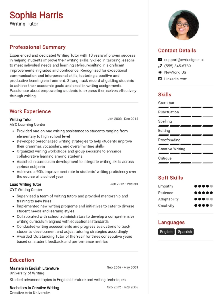 10 Tutor CV Examples And Free Templates For 2024 - CVDesigner.ai