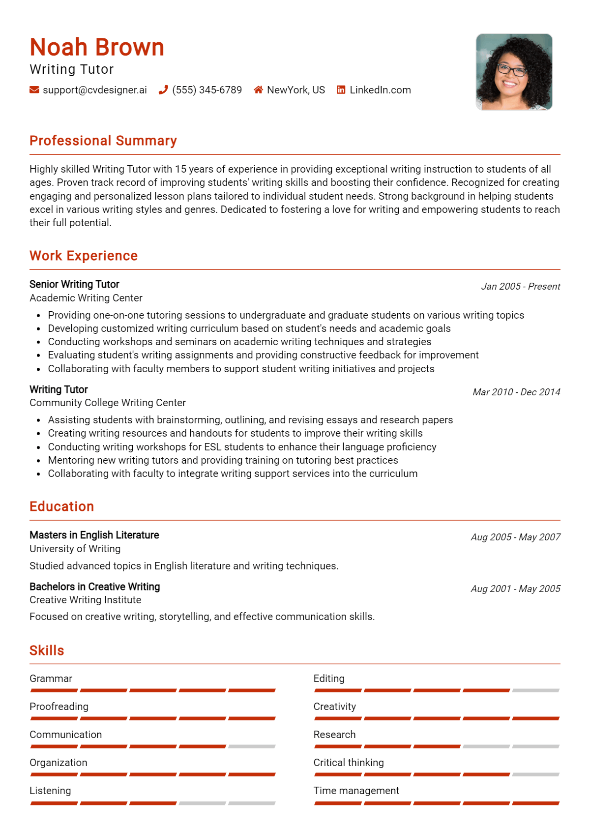 Writing Tutor Resume Example