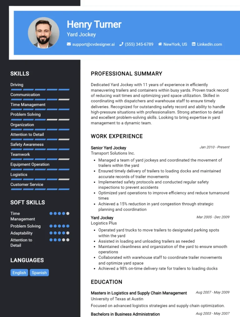Yard Jockey CV Example For 2025: Free Downloadable Templates